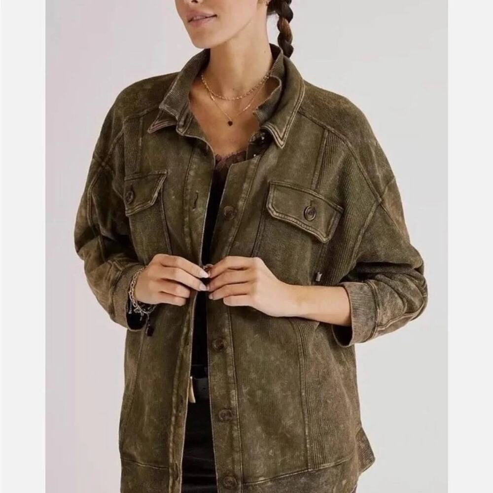 Anthropologie PILCRO Large Relaxed Distressed Shirt Jacket Shacket Moss Green